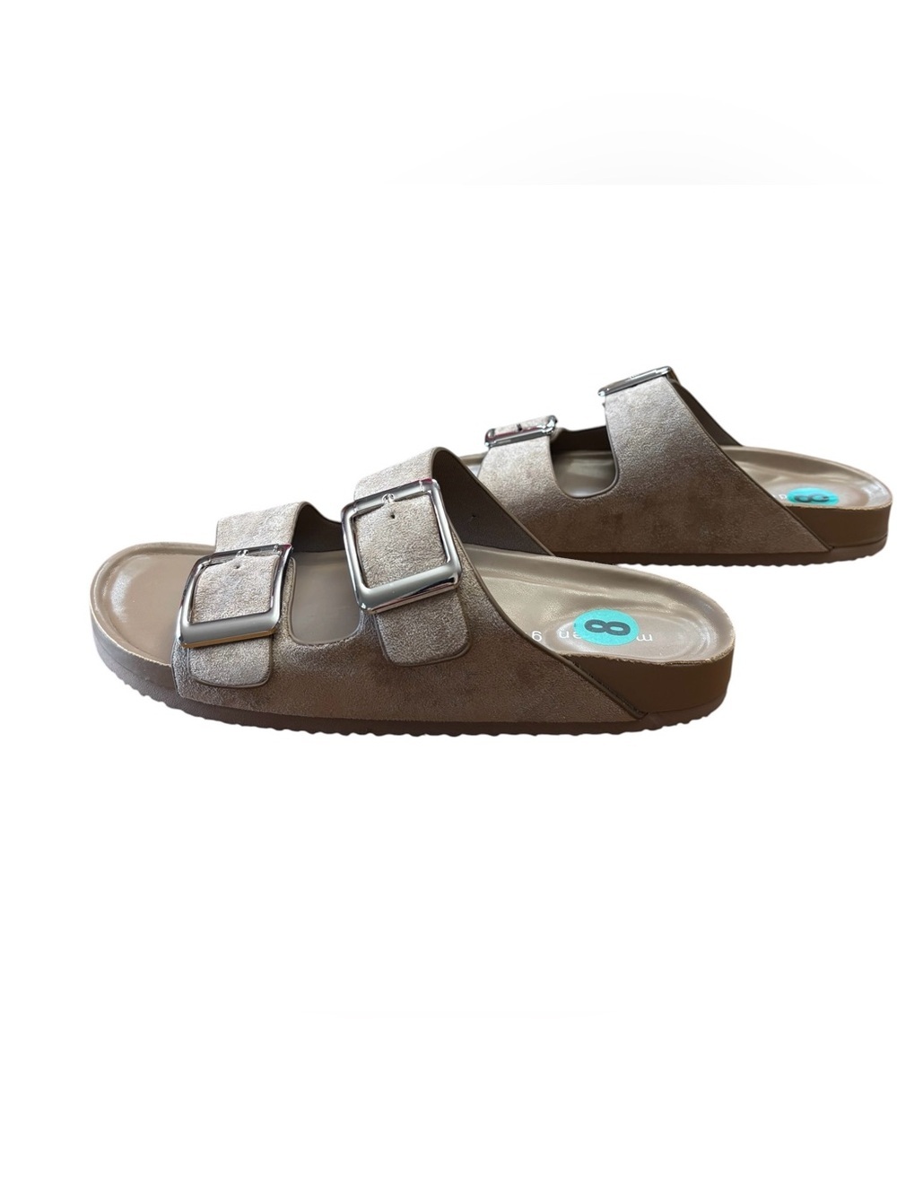 Madden Girl, Double Buckle Slide Sandals Taupe Metallic, Size 8, Comfort Footbed - Picture 3 of 9